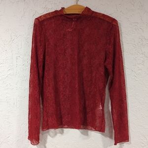 Anthropologie Red Lace Mesh Sheer Turtleneck Top Long Sleeve Top - Women's Large
